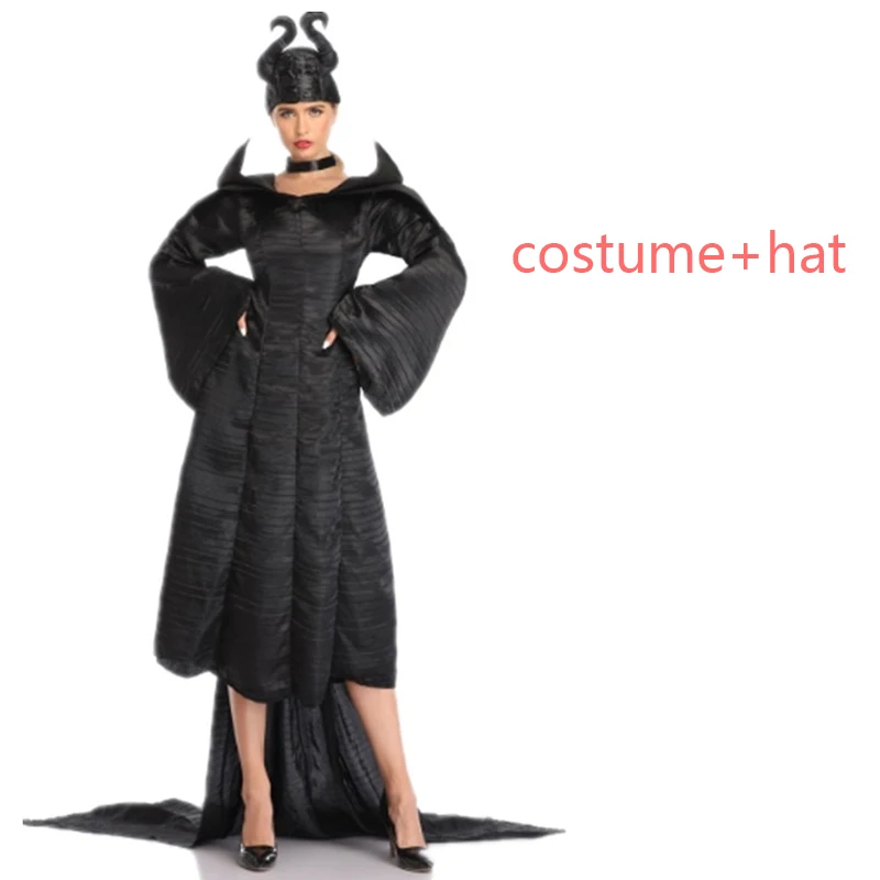 Costume and hat Костюм малефисенты злая королева ведьма платье+ Шлем Хэллоуин фантазия вечерние наряд колдуньи для женщин взрослых дамы ведьма шляпа - Цвет: Costume and hat