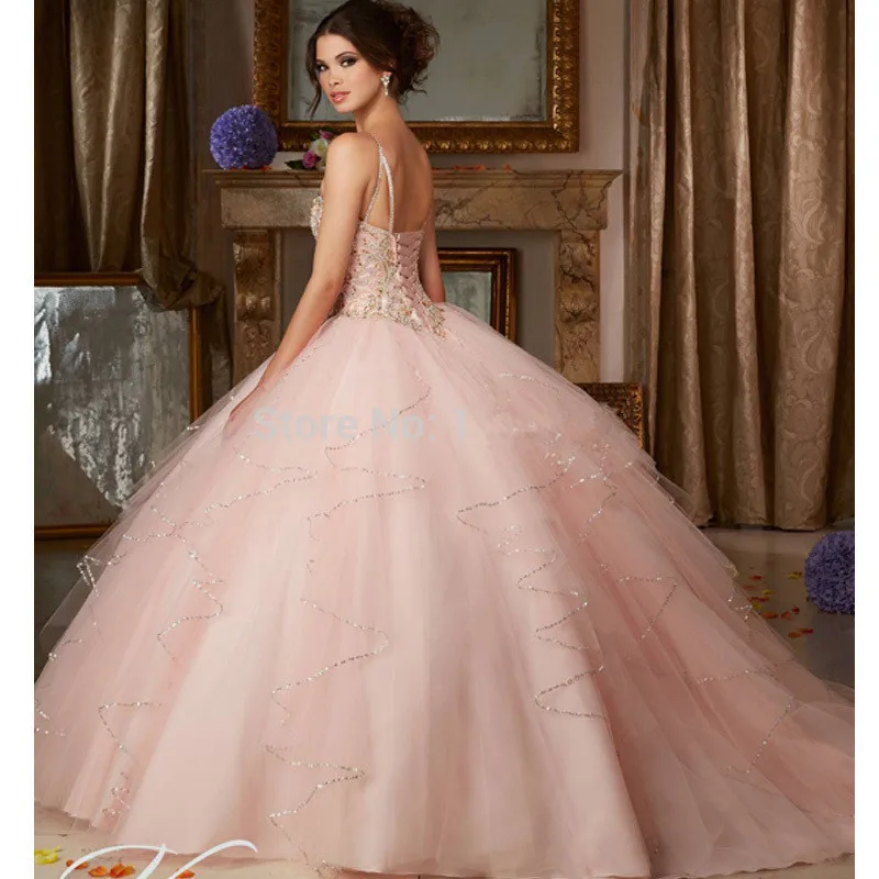 Румяна Розовый пышные платья бальное платье тонкие лямки Тюль Блестки бисером кристаллы дешевые милые 16 платья
