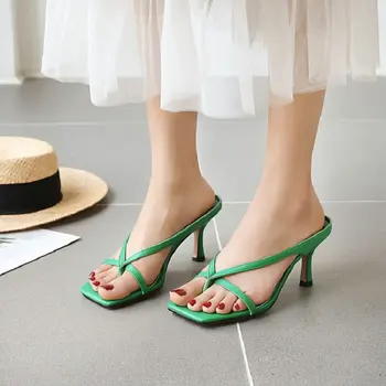 

ZawsThia Blue Green Red Sexy Thin Heels Woman Slides Outdoor Slippers Flip Flops Shoes For Women Female Slippers Plus Size 33-43