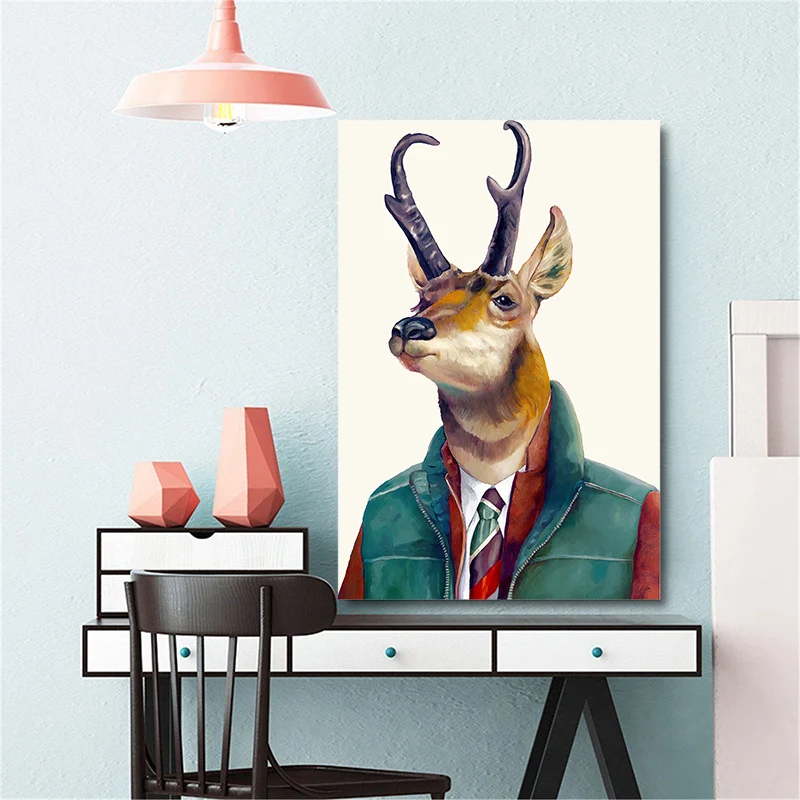 60x80cm Nordic Wall Art Prints Animals Cool Cat Fox Dog Sika Deer owl Canvas Painting for Kids Living Room Home Decor Posters