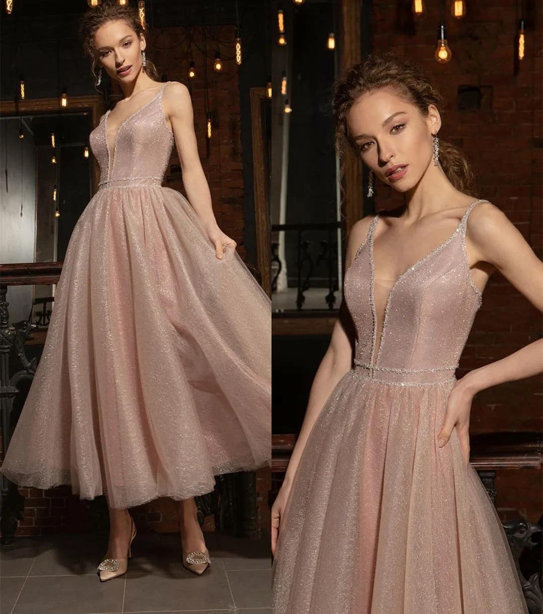 

Short Beaded فساتين السهرة Evening Dresses A-Line Tulle V-Neck Pleated Prom Party Gowns Robe De Soiree