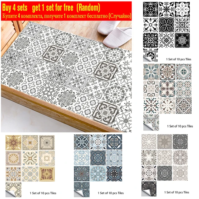 10pcs Retro Pattern Matte Surface Tiles Sticker Transfers Covers for Kitchen Bathroom Tables Floor Hard-wearing Art Wall Decals 1