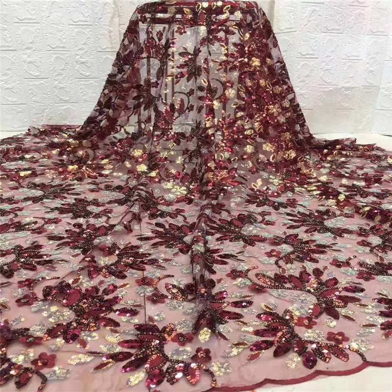 Latest African Laces Wine Red Sequins Africa Nigerian Wedding Lace New French Tulle Net Fabric High Qualit Christmas Dress | Дом и сад