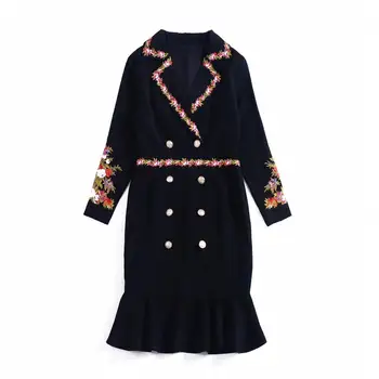 

Spring 2020 for European and American women's wear Beautiful buttons Nine - minute sleeves embroidered suit collar dress