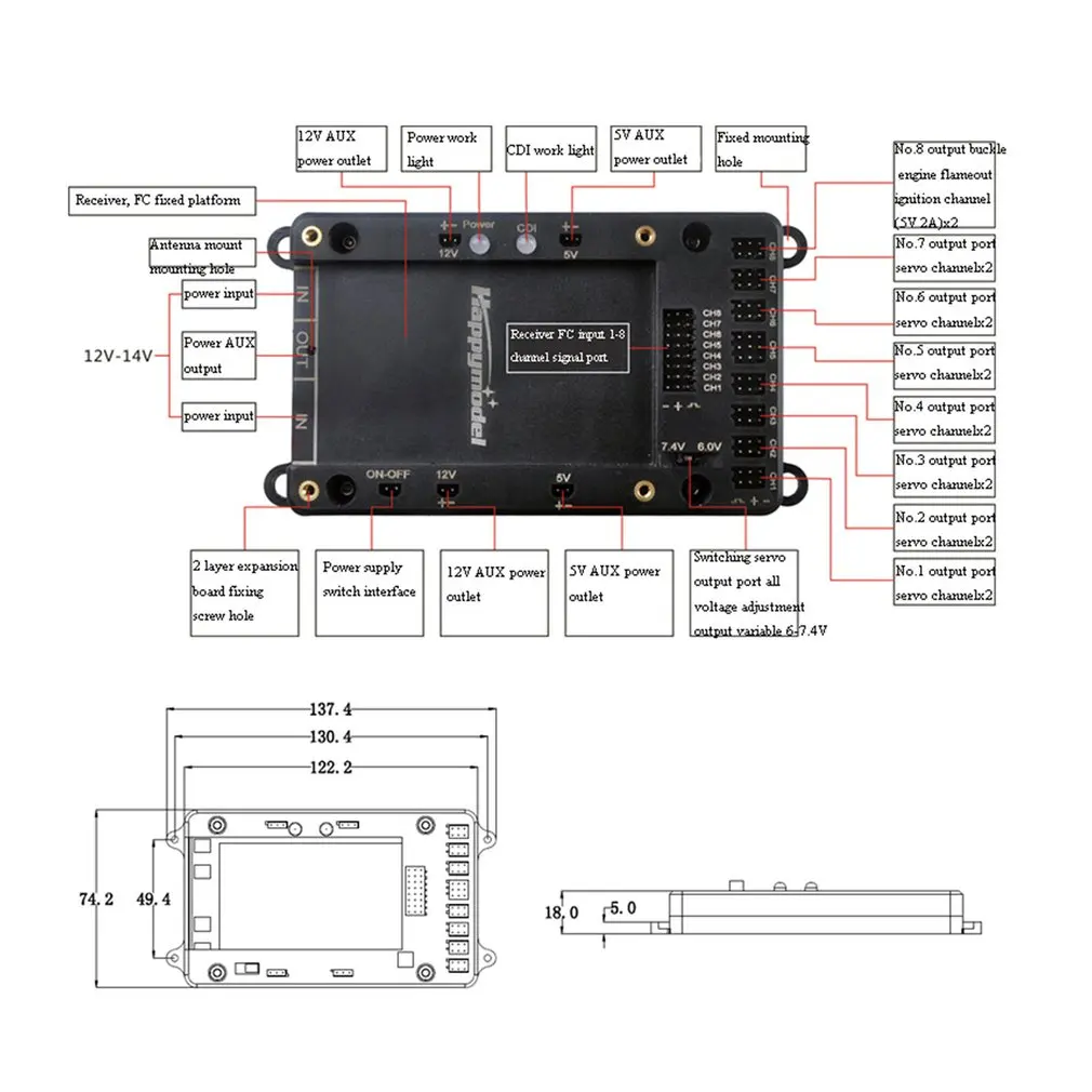 Servo Power Distribution Servo Section Board 5V-12V With Dual Power Input Wire & Electronic Switch For RC Gasoline Airplane