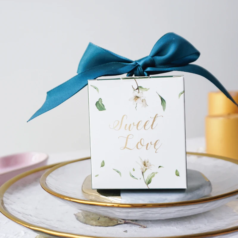 10pcs Fresh Printed Box Hold Chocolate Candy Packaging Gift Box for Wedding Favor Sugar Gift Holding Packing Boxes with Ribbon