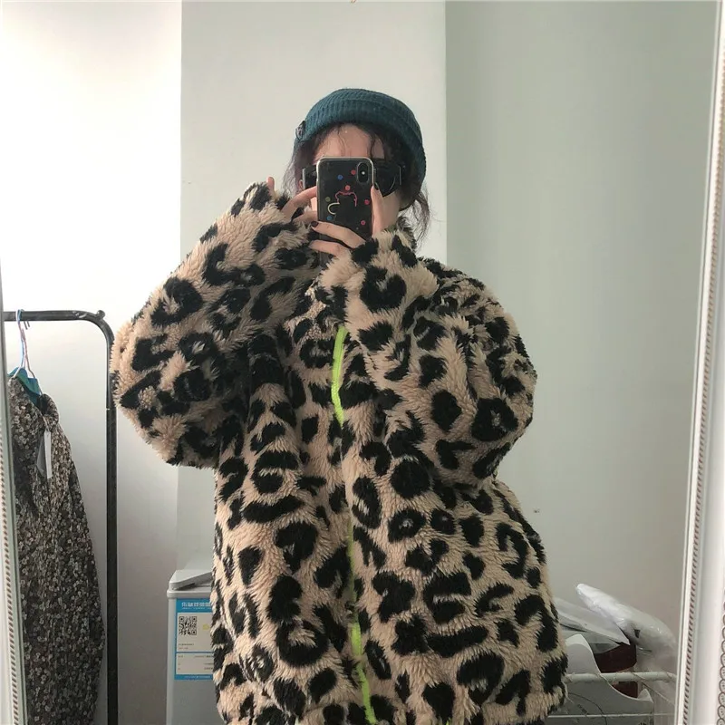 Харадзюку Винтаж шикарный корейский стиль Леопардовый узор молния зимнее женское пальто Топ женский YQ-1093