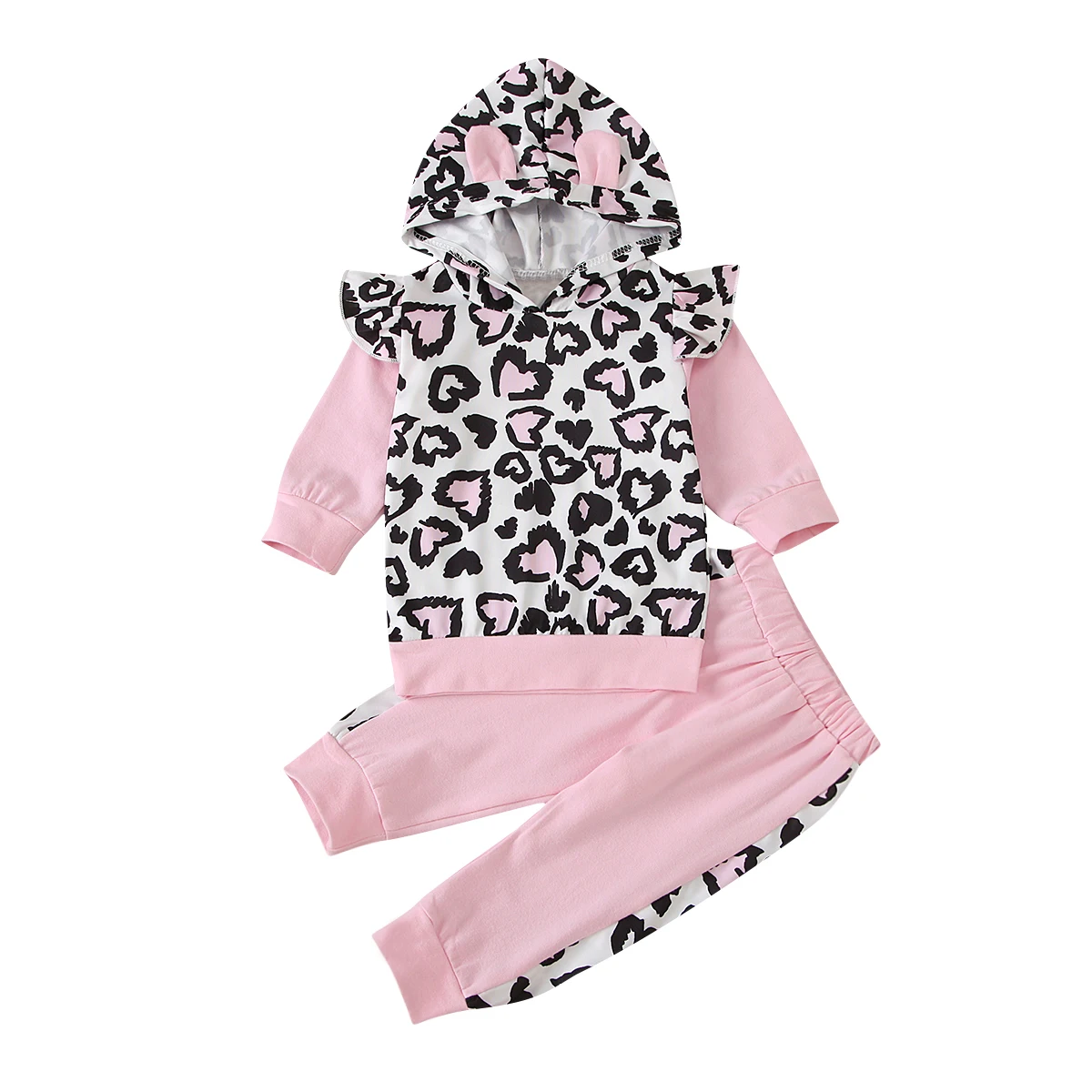 

1-6Y Little Girls Two-piece Clothes Set, Toddler Baby Pink Leopard Printed Pattern Hooded Pullover + Long Pants Suit Outfit