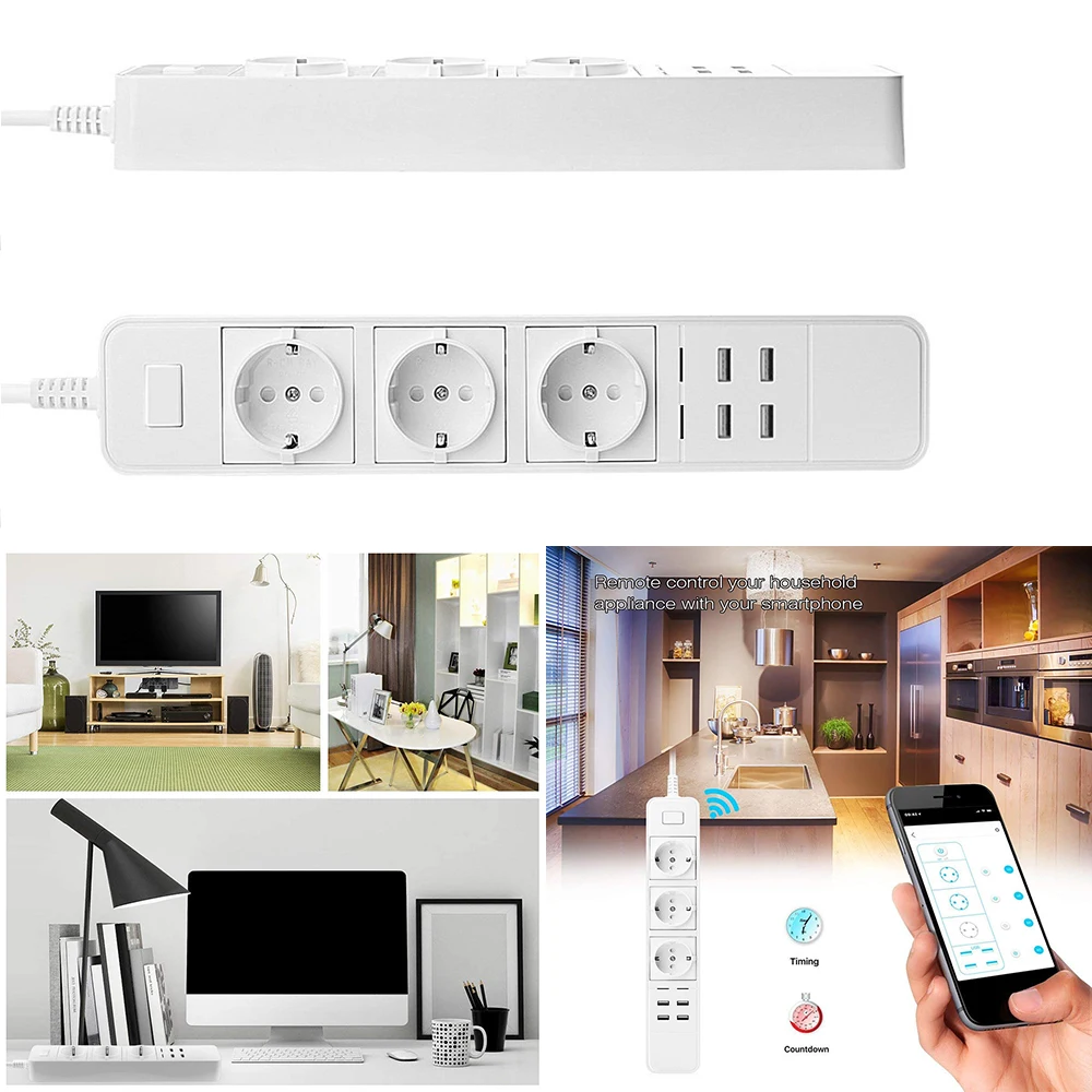 

WiFi Smart Power Strip Socket Voice Control Timer Switch Power Strip Outlet With 4 AC Outlets 4 USB Port For Alexa Google Home