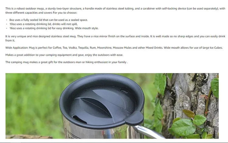 HEECN 双层户外徒步野营便携不锈钢水杯带登山扣HESS038BBK黑标-11