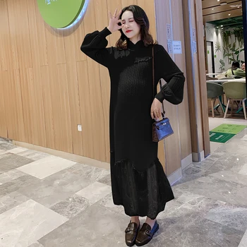 

Winter Fashion Maternity Knitting Party Dress Lace Ruffles Patchwork Irregular Pregnant Women Trumpet Dress New Year Maxi Dress