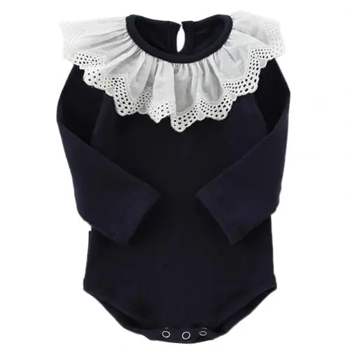 Navy Blue 73cm Милые осенние боди для маленьких девочек; Однотонный комбинезон с кружевной отделкой и длинными рукавами; комбинезон для новорожденных; одежда для маленьких девочек - Цвет: Navy Blue 73cm