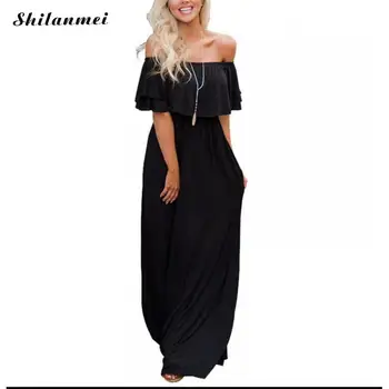 

2020 Spring Summer Solid Casual Long Dress Women Loose Ruffles Maxi Dresses Waist-Control Off Shoulder Women Sexy Robe Dress XL