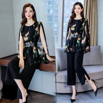 

2020 elegant pieces suits women short sleeve floral coat blouse with vest and wide leg pants trousers sets