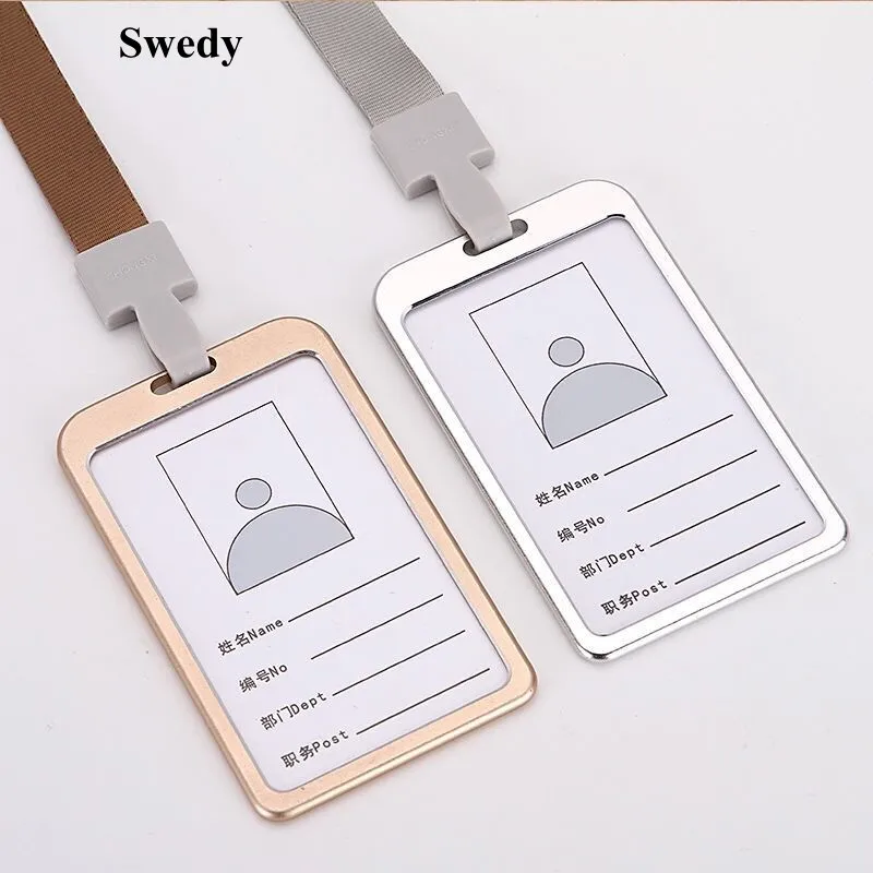 Aluminum Vertical ID Durable Cover Holder Metal Name Card ID Badge Holder ID Badge Protector With Lanyard