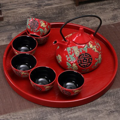Китайский красный керамический чайный набор домашний чайный горшок 6 чайных чашек кунг-фу черный чай Jin Jun Mei чайная посуда креативная Свадебная подарочная коробка