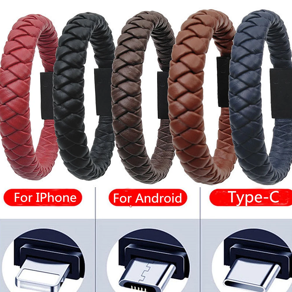 

Outdoor Portable Leather Mini Type-C/8Pin/Micro USB Bracelet Charger Data Charging Cable Sync Cord for Iphone X 8 Samsung S9 S8