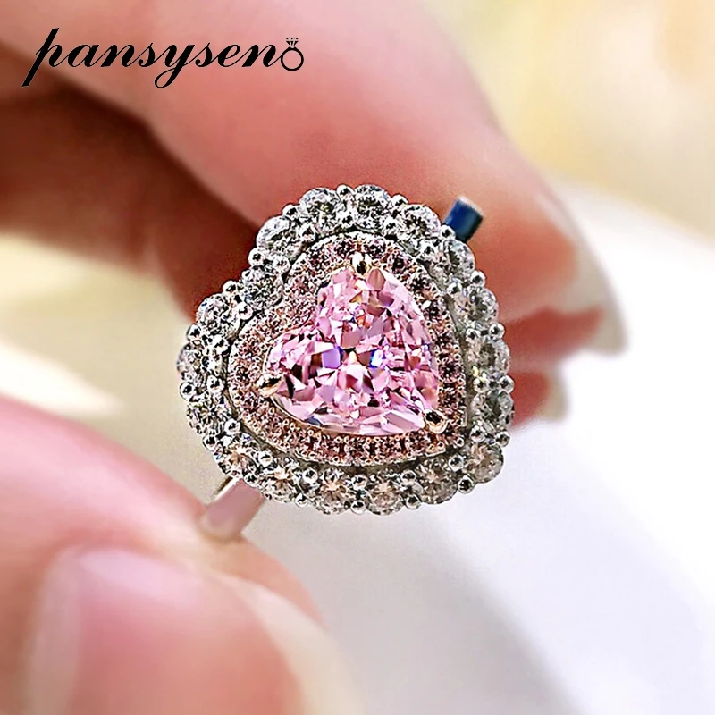 

PANSYSEN Romantic 7MM Heart Cut Real 925 Sterling Silver Pink Sapphire Diamonds Wedding Engagement Ring Female Fine Jewelry Gift