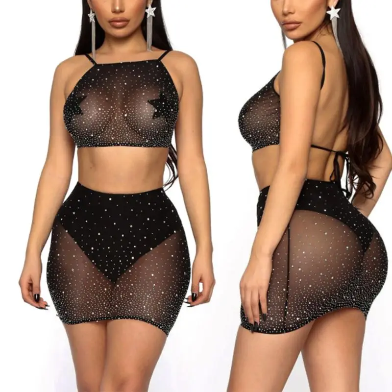 

Women Hollow Out Mesh 2 Pieces Set Shiny Rhinestone Halter Crop Top Sexy Sheer Mini Skirt Summer Beach Cover Up Clubwear
