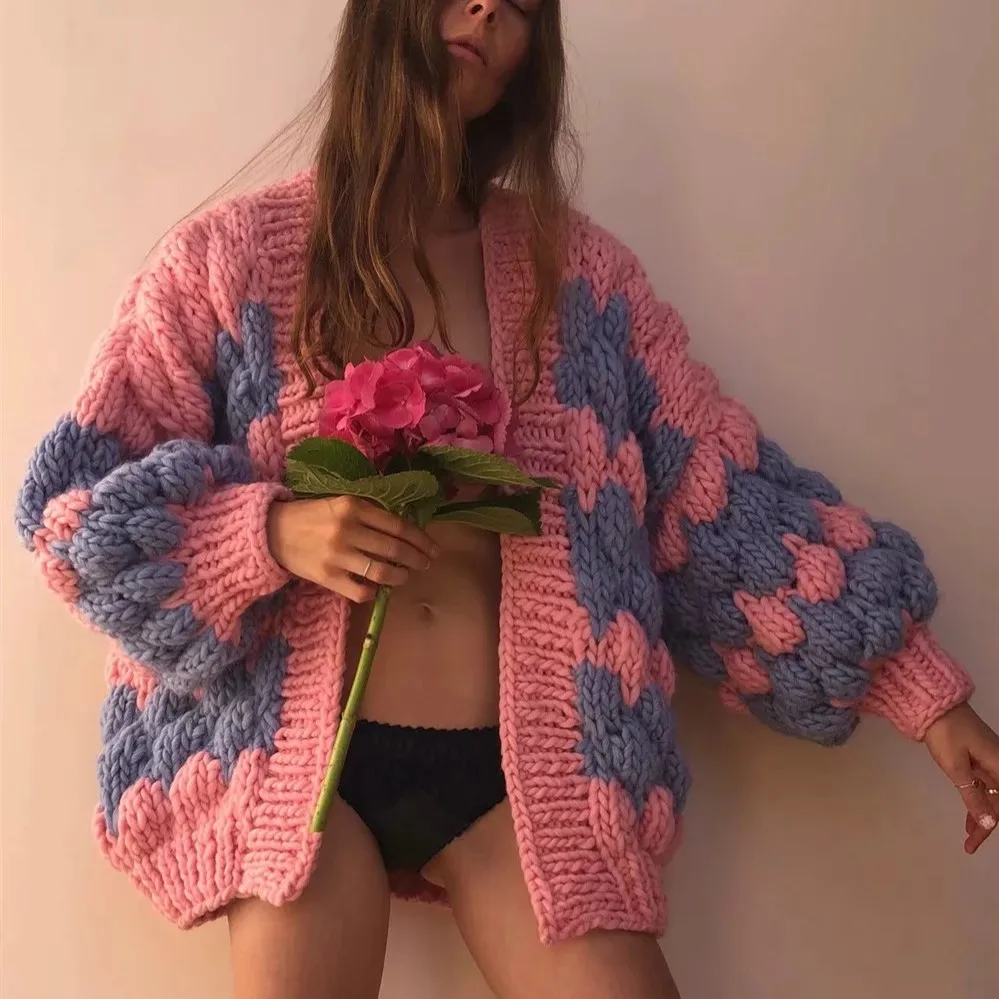 

2019 Winter Thick Manual Knitted Cardigans Women Vintage Nordic Style Oversized Sweaters Ladies Streetwear Knitwear cws0286-5