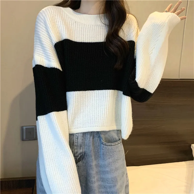 

Loose Knitted Sweater Women Long Sleeve Chic Patchwork Jumper Female Casual Thin Pullover Fashion Autumn 2020 Women Clothing