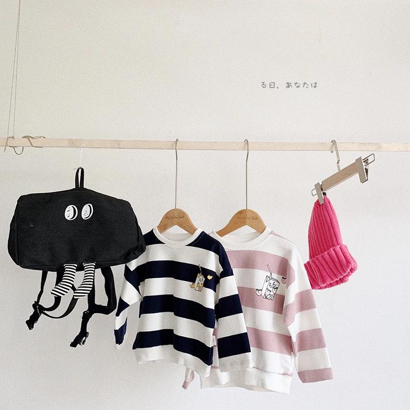 

2019 new autumn outfit baby girls fleece stripe long sleeve sweatshirt children round collar loose leisure tops kids clothing