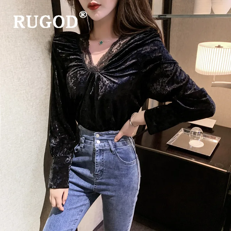 RUGOD черные топы с v-образным вырезом Женские однотонные элегантные сексуальные