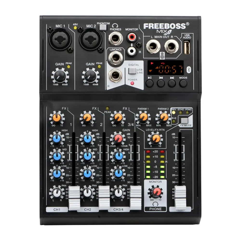 Freeboss Mix4 4 Canali Usb Computer Play Record Echo Reverb Pingpong Effect Bluetooth Studio Church Party Family Audimo Mixer