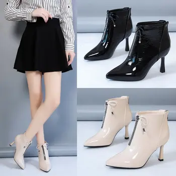 

Ladies pointed high heel stiletto short boots Ladies pointed toe autumn new ladies patent leather zipper all-match