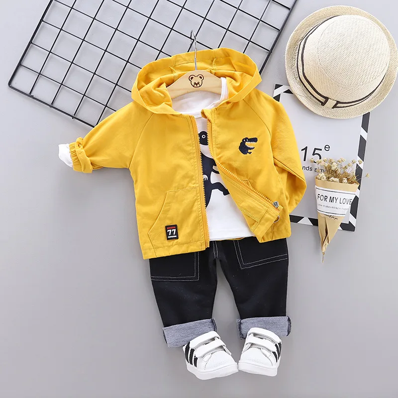 fashion baby boy clothing dinosaur pattern 3pieces set Jacket t-shirt pants fall clothes for toddler children hooded coat - Цвет: Yellow No shoes