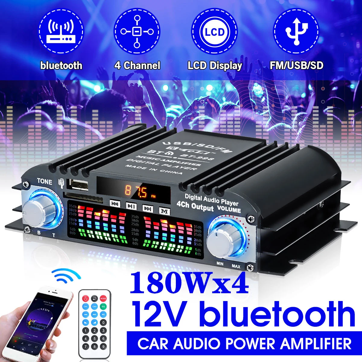 pre amp BT-998 12V/220V Mini bluetooth HiFi Power Amplifiers Stereo Car Home Audio Digital Sound Amplifier LCD Display FM SD USB Bass car audio amplifier