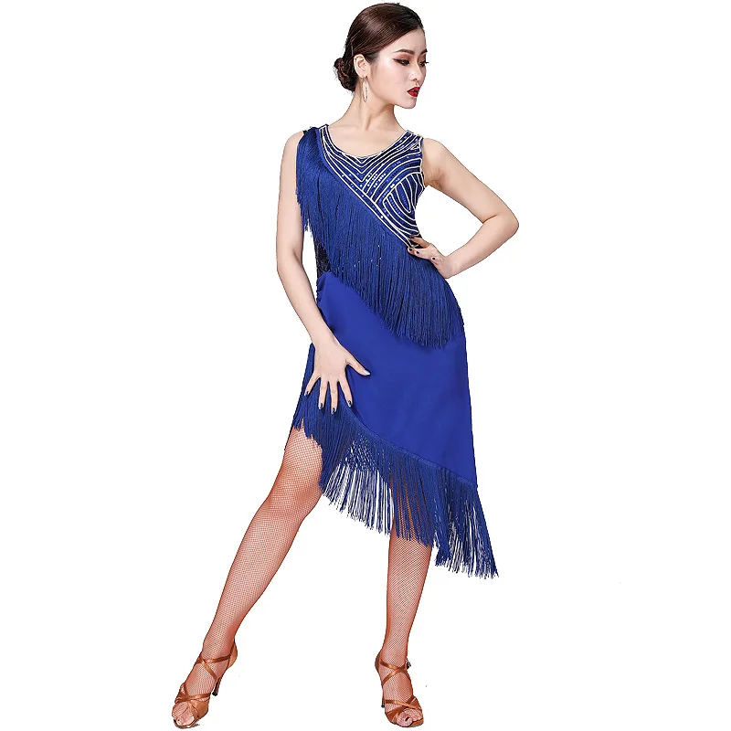 

Lady Sleeveless Latin Dance Tassel Dress Sequins Competition Outfit Dancer Dancewear Dancing Teamwear Salsa Cha Cha Rumba Samba