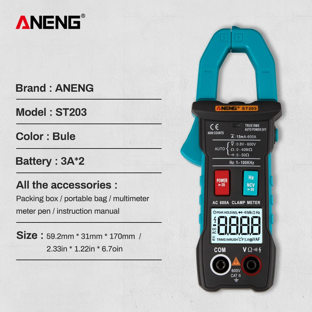 ANENG ST203 4000 отсчетов полный диапазон True RMS цифровой мультиметр клещи AC/DC напряжение NCV сопротивление Авто Диапазон фонарик
