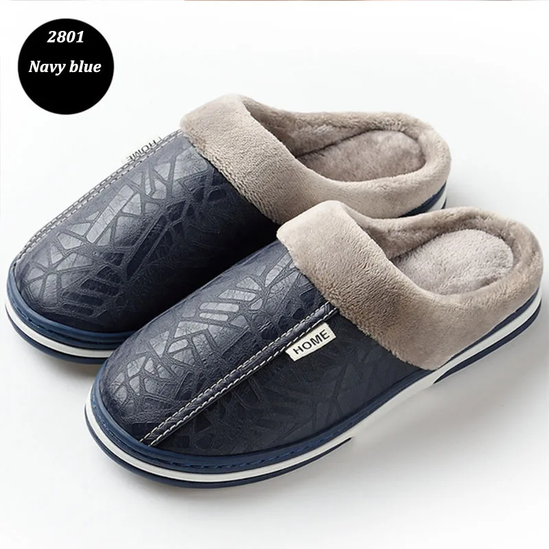 2801Navy blue Прямая поставка; мужские тапочки; зимние тапочки; нескользящий для дома; мужская кожаная домашняя обувь; водонепроницаемые теплые тапочки; XYZ217 - Цвет: 2801Navy blue