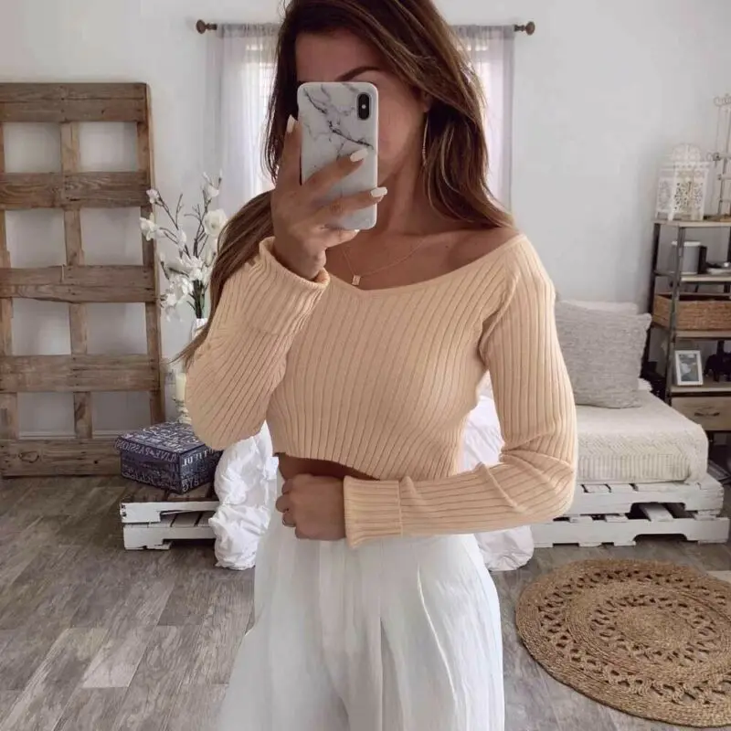 

Brand New Women T-Shirts V Neck Knit Tops Long Sleeve Jumper Pullover V Neck Solid Long Sleeve Skinny Autumn Fashion Hot 2019