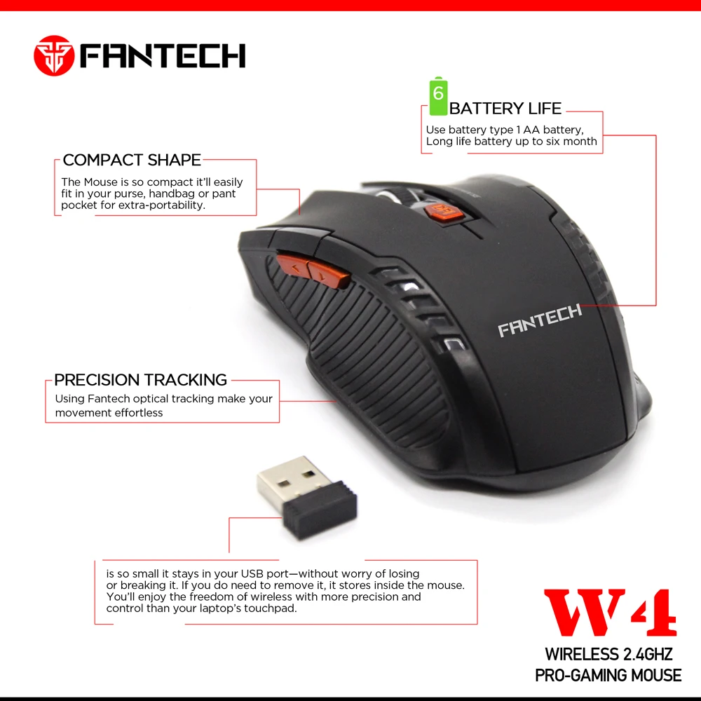 Беспроводная мышь FANTECH W4 2 4G игровая 2000DPI 6 кнопок 10 м WiFi диапазон эргономичная для