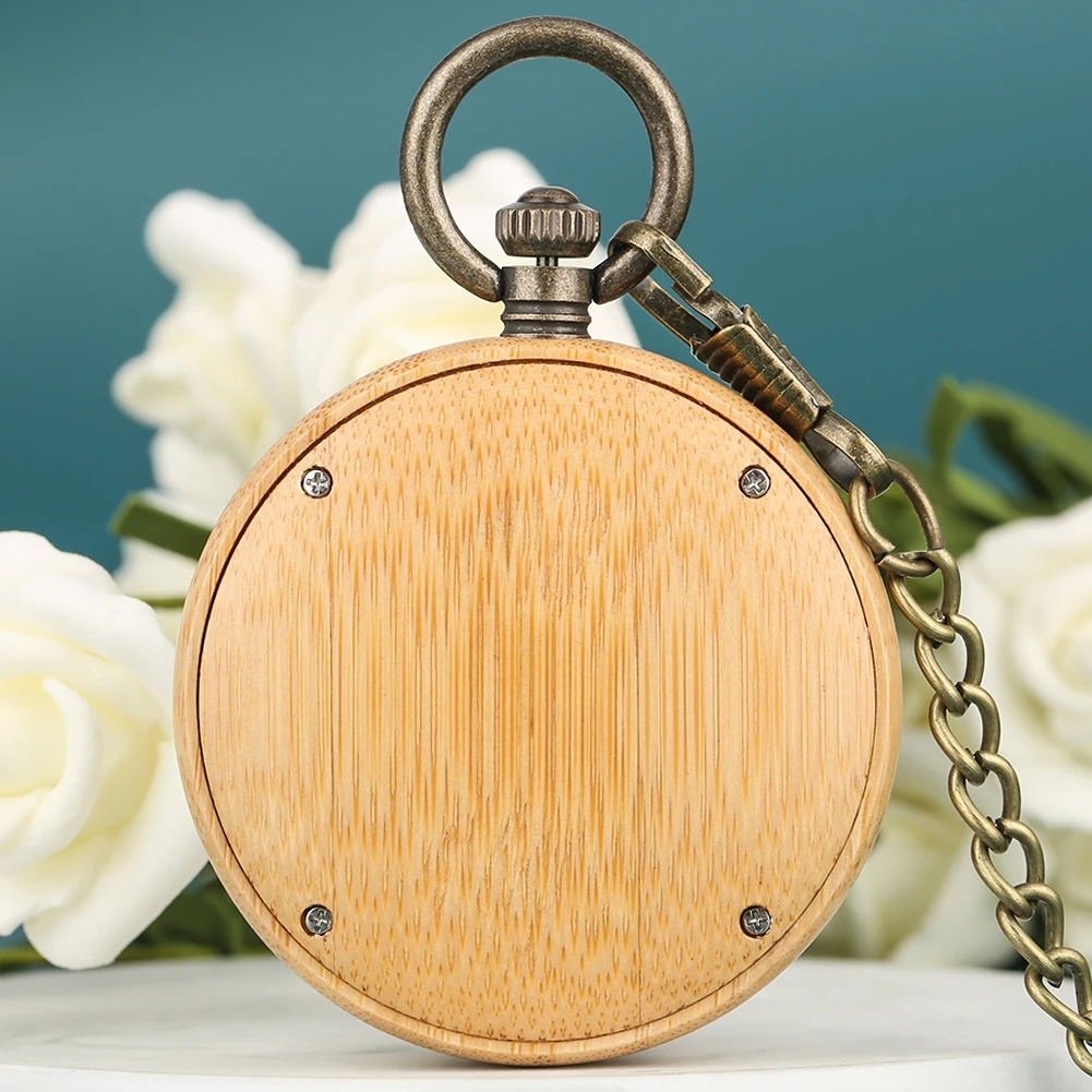 Retro Bamboo Large Pocket Watch For Men Unique Eagle Pattern Dial Bronze Chain Wooden Pendant Watch 4