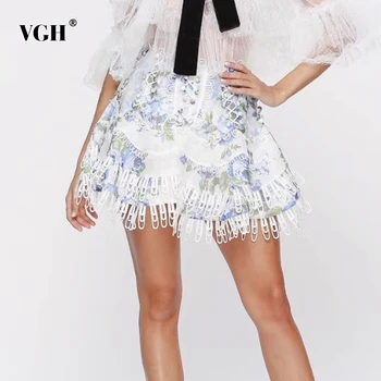 

VGH Elegant Print Women Skirt High Waist Patchwork Lace Hollow Out Hit Color Mini Skirts For Female Fashion Clothes Summer Tide
