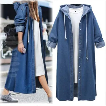 

Trench Women Oversize Simple Denim Vintage Hooded Plus Size Full Sleeve Single Breasted European Solid Loose Womens Outwear Chic