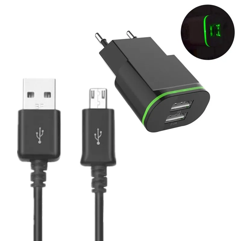 2USB быстро Зарядное устройство Tarvel адаптер+ Micro Зарядка через usb кабель для huawei Y6 Y7 Y9 Y5 Honor 10i 20i 8S 8A 8C 8X 9N 7A 7C - Тип штекера: Black Plug Cable