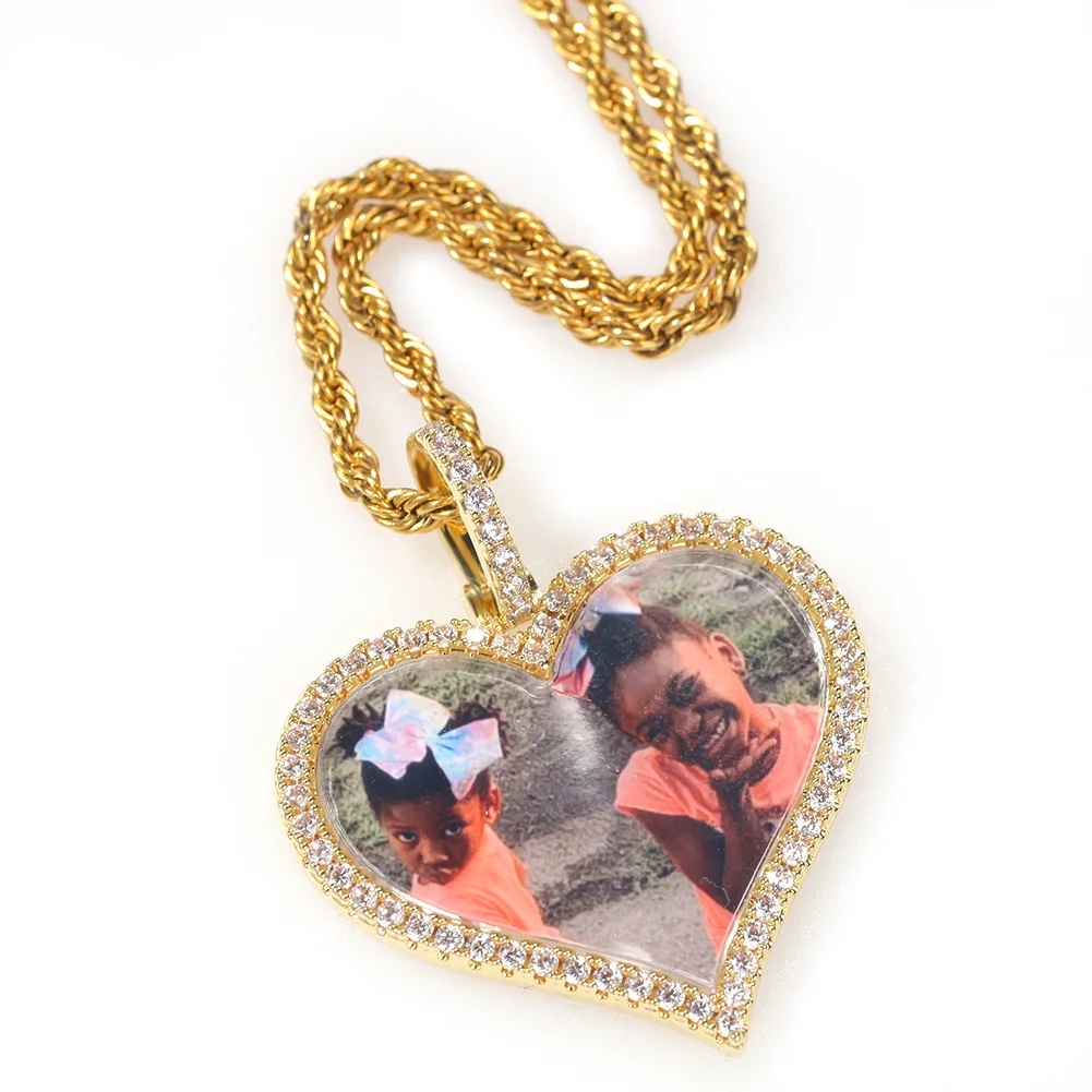 Hip hop Custom Photo Heart Medallions Pendant Necklace 4mm Tennis Chain Zircon Gold Silver Color Men's AAA CZ Jewelry Solid Back