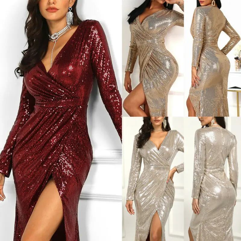 2019 Party Vestito Sequined Glitter Dress Women Sexy Deep V-Neck Bodycon Slim Dress Glitter Dresses Elegant Ladies Mini Dress