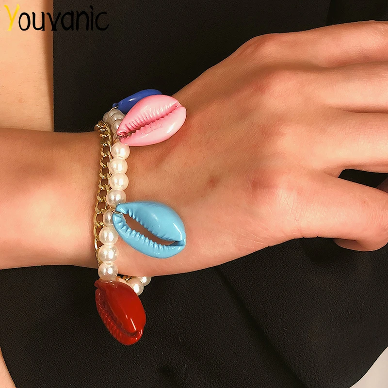 

Youvanic Charm Big Colorful Shell Bracelets Set Seashell Tassel Pearl Bracelet Boho Beads Gold Chain Bracelet Women Jewelry 0420