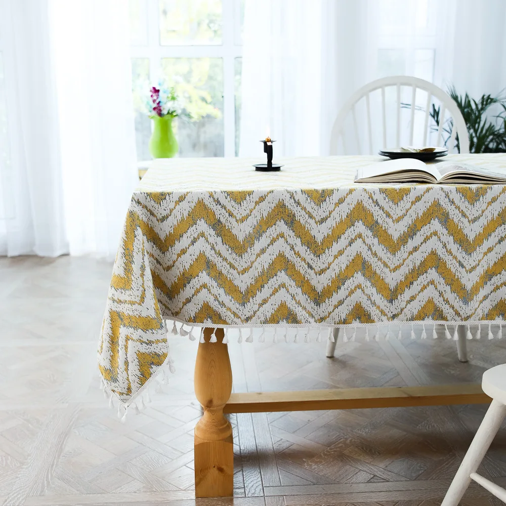 

Dust-proof stripes wave cotton and linen decorative tablecloth tassels rectangular party dining room cloth table mat