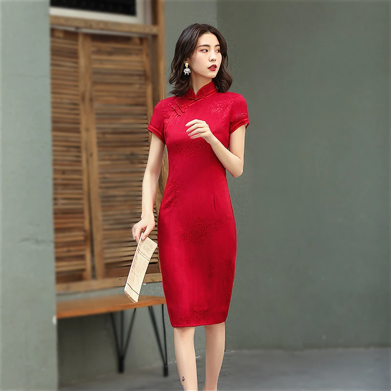Sheng Coco Ladies Chinese Style Silk Cheongsam Qipao Slim Knee Party Red Green PLUS SIZE 3XL 4XL Rayon Oriental Dresses | Тематическая