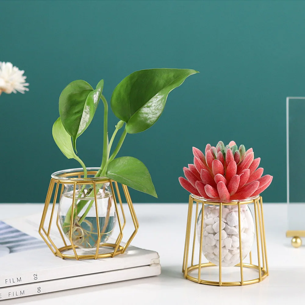 Nordic Golden Glass Vase Iron Hydroponic Plant Flower Vase Tabletop Coffee Shop Office Home Decoration Accessories Modern 4