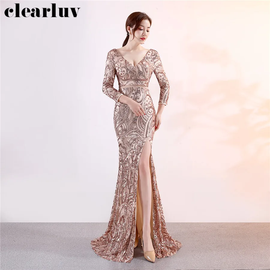 Женское Формальное вечернее платье Robe De Soiree DX316-2 Новое сексуальное платье с разрезом для выпускного вечера размера плюс длинное вечернее платье с золотыми блестками