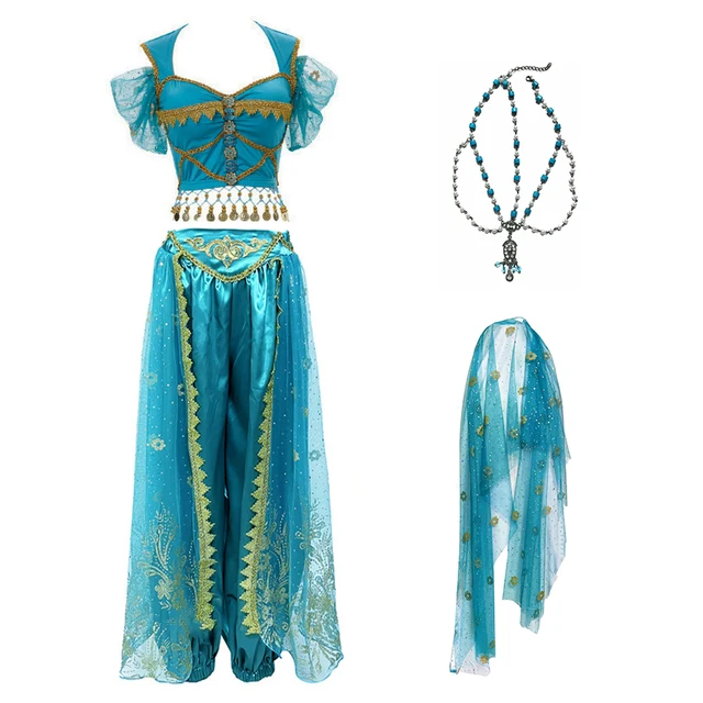 Festival Arabian Princess Costumes Indian Dance Embroider Bollywood Jasmine Costume Party Cosplay Jasmine Princess Fancy Outfit Blue 2 - 4pcs Set