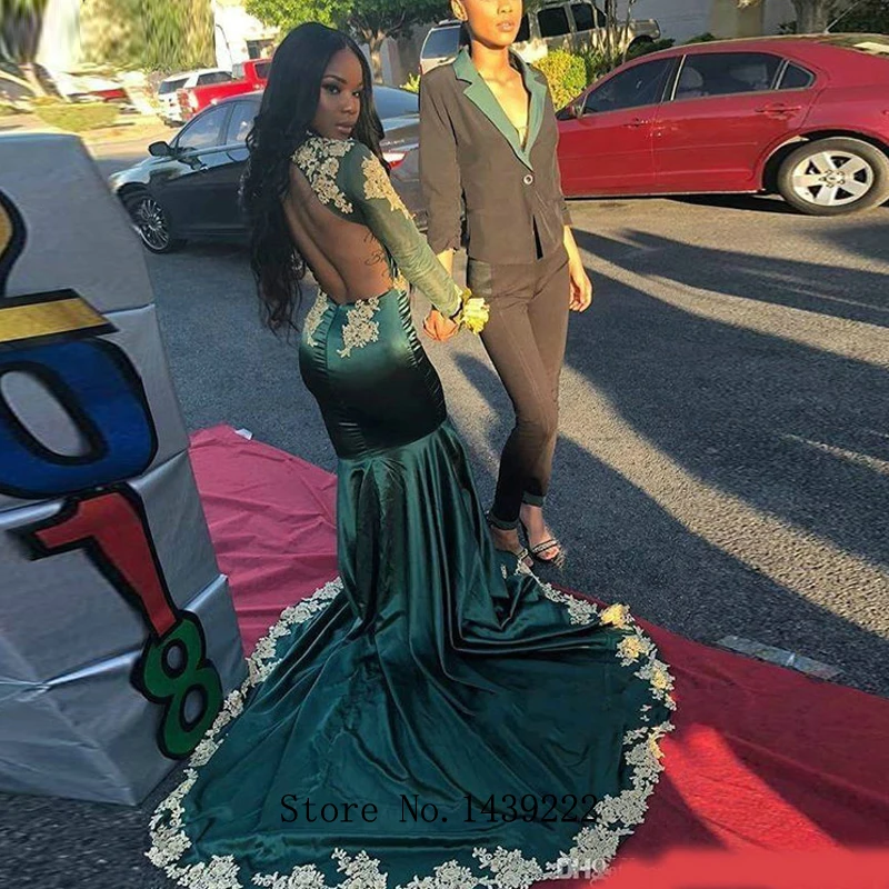 Green Satin Evening Dresses Prom Golden Lace Appliques Backless Brush Train Vestidos De Fiesta De Noche Robe De Soiree Plus Size