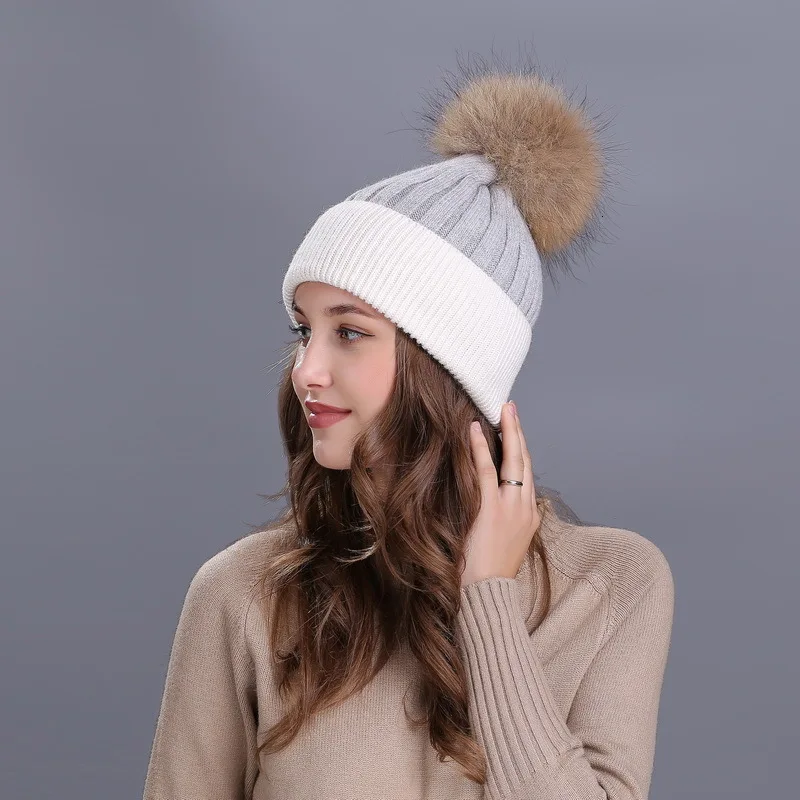 Graywhite Шапка из меха кролика, шапка из меха енота, вязаная шапка W224 - Цвет: Graywhite